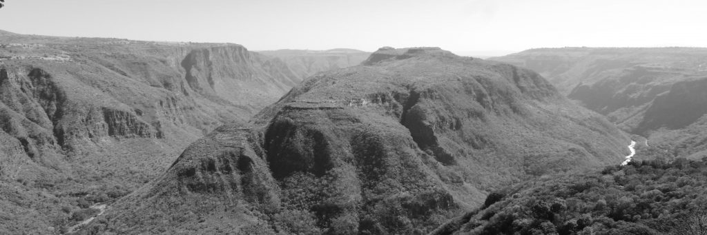 Black and white panoramic view of Barranca de Huentitan canyon in Guadalajara