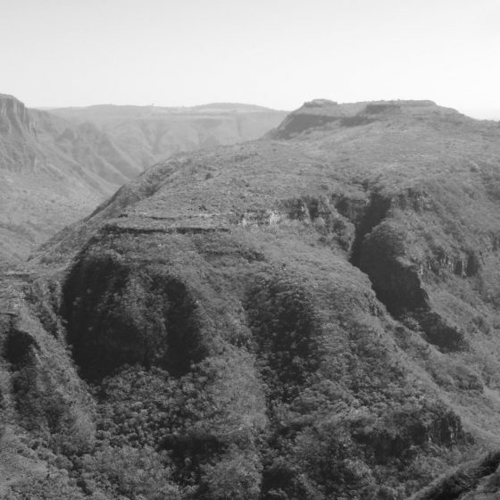 Black and white panoramic view of Barranca de Huentitan canyon in Guadalajara