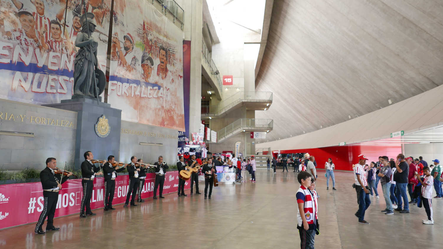 Band playing mariachi music on the concourse of Chivas stadium in Guadalajara