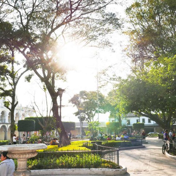 Parque Central in Antigua Guatemala just before sunset