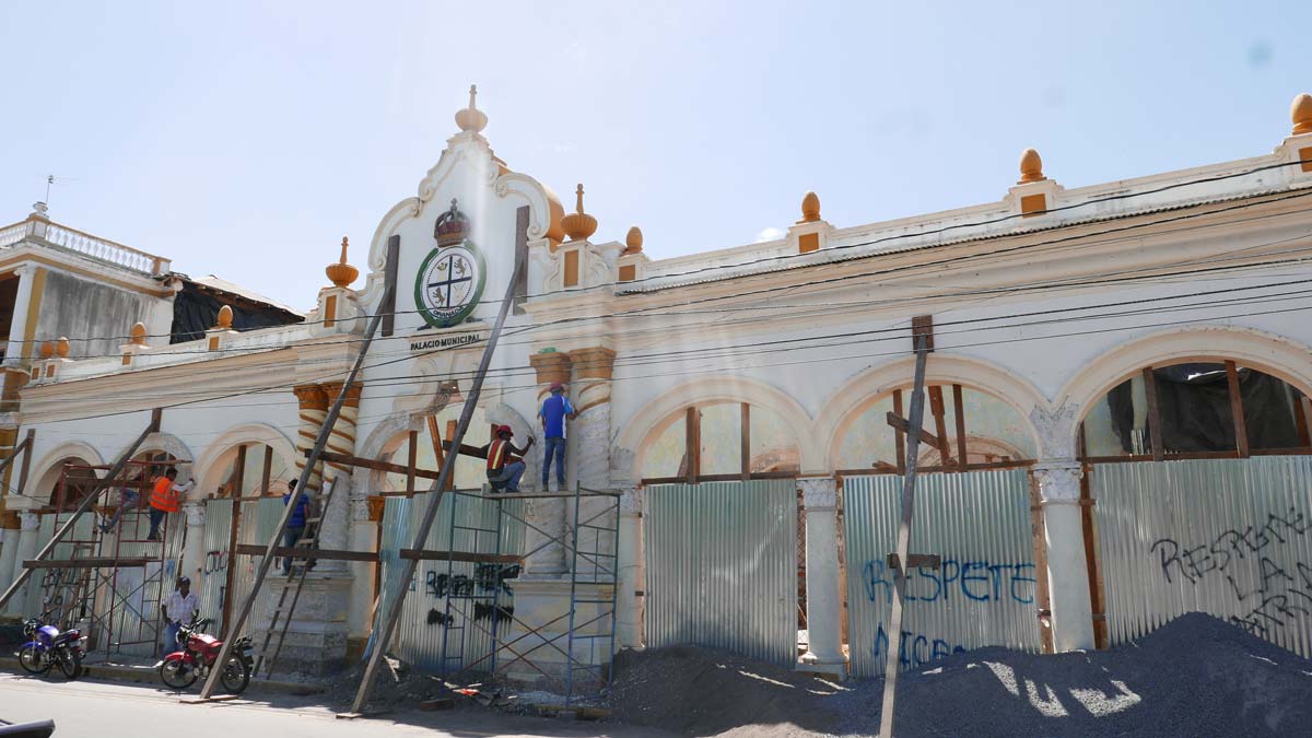 A government building, burnt down during the 2018 riots, under reconstruction in Granada, Nicaragua