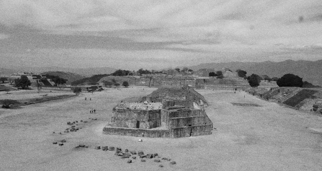 Panorama of the Monte Alban archaelogical ruins near Oaxaca in Mexico. View from the southern side